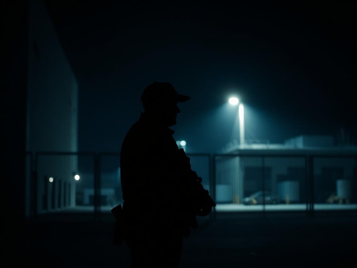 Security guard on night patrol at an industrial site perimeter